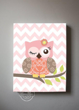 Baby Owl Canvas Nursery Decor - The Owl Nursery Art - Coral Green ArtworkBaby ProductMuralMax Interiors