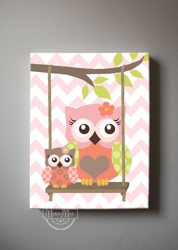 Baby Owl Canvas Nursery Decor - The Owl Nursery Art - Coral Green Artwork