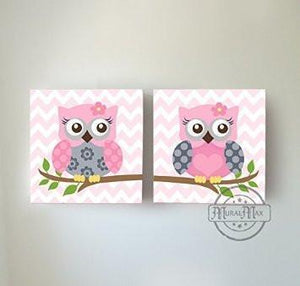 Baby Owl Family Perched On A Branch - The Safari Canvas Nursery Decor - Set of 2-B018ISOITYBaby ProductMuralMax Interiors