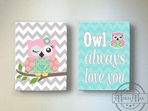 Baby Owl Girl Nursery Decor - Whimsical Owl Canvas Art - Set of 2-Pink Aqua DecorBaby ProductMuralMax Interiors