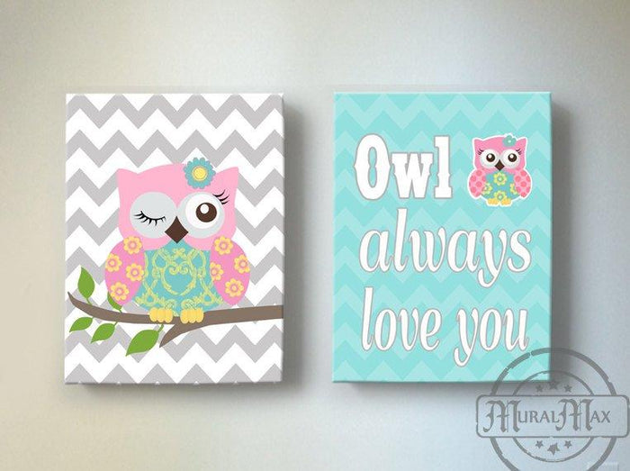Baby Owl Girl Nursery Decor - Whimsical Owl Canvas Art - Set of 2-Pink Aqua Decor