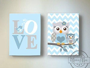 Baby Owl &amp; Mom Canvas Nursery Art - Blue Gray Baby Boy Room Decor - Set of 2Baby ProductMuralMax Interiors