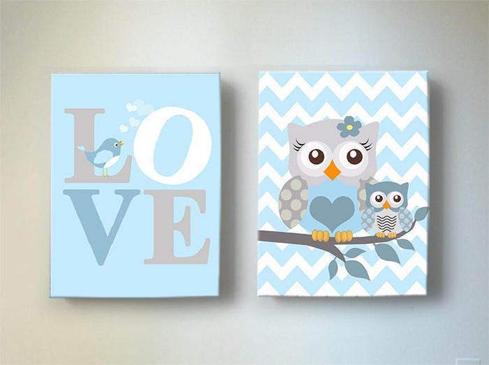 Baby Owl & Mom Canvas Nursery Art - Blue Gray Baby Boy Room Decor - Set of 2