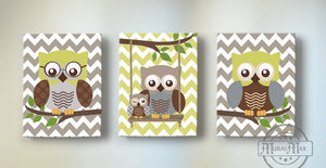 Baby Owl Nursery Art - Chevron Owl Family Boys Room Decor - Set of 3 - Brown Tan Olive DecorBaby ProductMuralMax Interiors