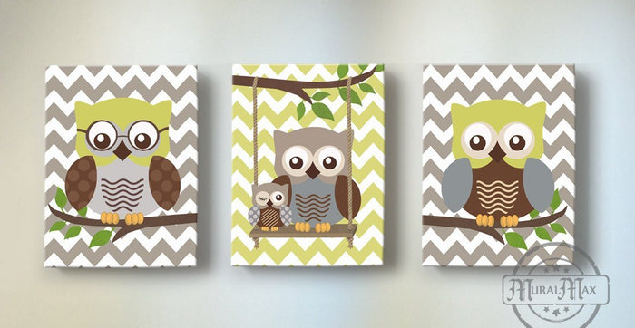Baby Owl Nursery Art - Chevron Owl Family Boys Room Decor - Set of 3 - Brown Tan Olive Decor