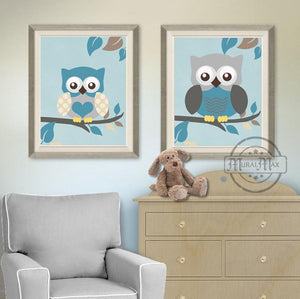Baby Owl Nursery Art - Teal Gray Decor For Boys Room - Unframed Prints - Set of 2Baby ProductMuralMax Interiors