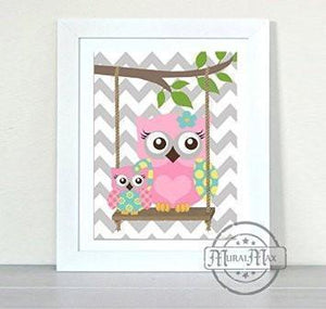 Baby Owl Nursery Print - Mother &amp; Daughter Owl Theme - Chevron Unframed PrintBaby ProductMuralMax Interiors