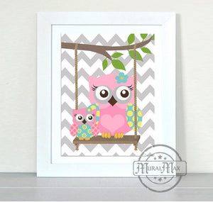 Baby Owl Nursery Print - Mother &amp; Daughter Owl Theme - Chevron Unframed PrintBaby ProductMuralMax Interiors