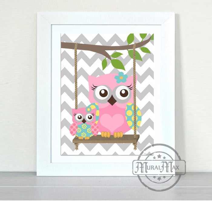 Baby Owl Nursery Print - Mother & Daughter Owl Theme - Chevron Unframed Print