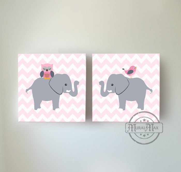 Baby Pink And Gray Chevron Owl & Elephant Canvas Nursery Decor Set of 2