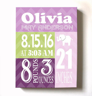 Baby Shower Gift Personalized Birth Announcements For Girls Nursery - Elephant Nursery Canvas ArtBaby ProductMuralMax Interiors