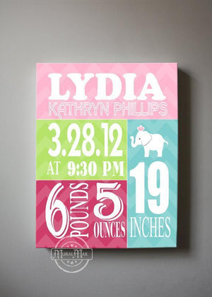 Baby Shower Gift Personalized Birth Announcements For Girls Nursery - Elephant Nursery Canvas ArtBaby ProductMuralMax Interiors