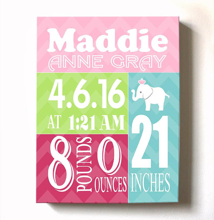 Baby Shower Gift Personalized Birth Announcements For Girls Nursery - Elephant Nursery Canvas Art