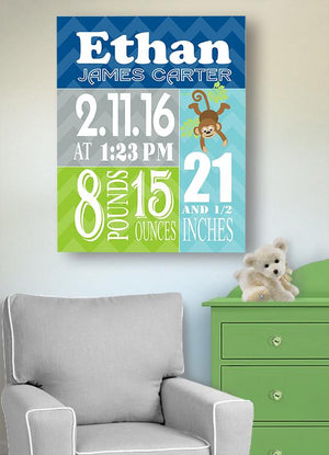 Birth Stat Wall Art - Boy Birth Announcements Monkey Jungle Nursery Decor - New Baby GiftsBaby ProductMuralMax Interiors