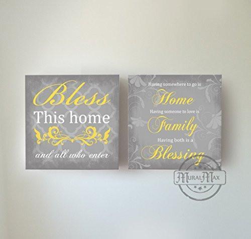 Bless This Home & All Who Enter Quote, Stretched Canvas Wall Art, Memorable Anniversary Gifts, Unique Wall Decor, Color, Gray - 30-DAY - Set of 2-B018KOBFMO
