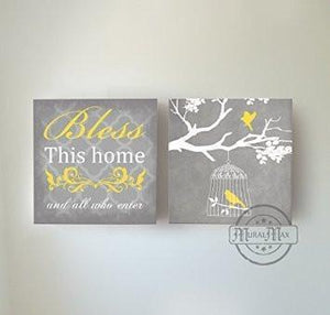 Bless This Home & All Who Enter Quote, Stretched Canvas Wall Art, Memorable Anniversary Gifts, Unique Wall Decor, Color, Gray - 30-DAY - Set of 2-B018KOBK3S - MuralMax Interiors