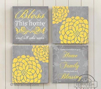 Bless This Home - Inspirational Quote - Dahlia Floral Mums Canvas Home Decor - Living Room Wall Art - Set of 4-B018ISJ8RG