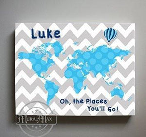 Blue and Gray Nursery Art - Personalized Dr Seuss Nursery Decor - Chevron Canvas World Map Collection - Oh The Places You'll Go-B018ISFME4 - MuralMax Interiors