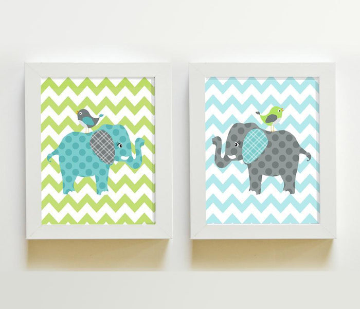 Blue and Green Elephant Nursery Art - Baby Boy Room Decor Set of 2 - Unframed Prints