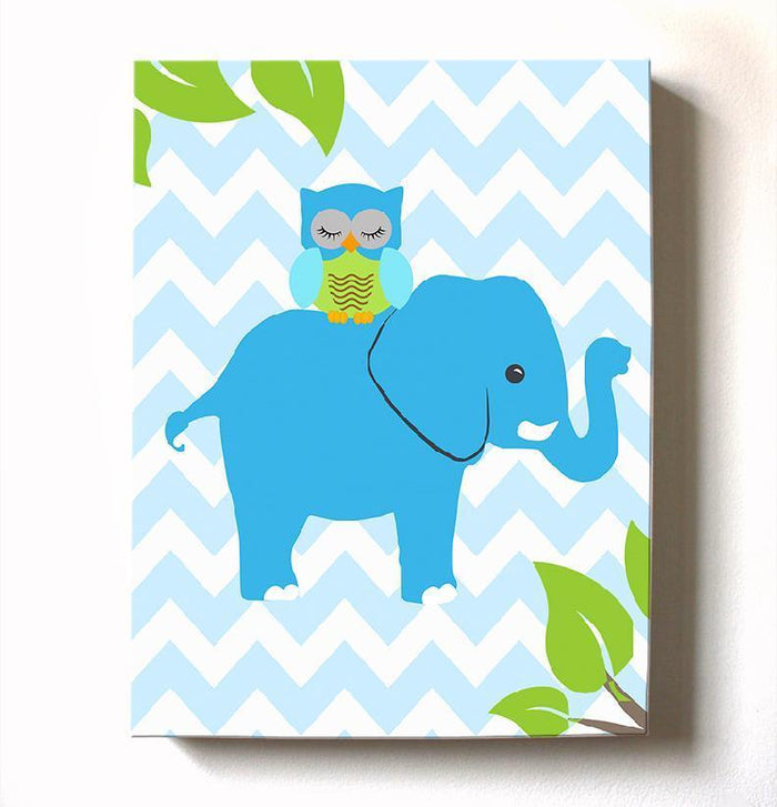 Blue and Green Nursery Art - Owl and Elephant Kids Room Canvas Art