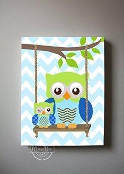 Blue Green Baby Nursery Decor - Mom & Baby Owls Canvas Wall Art - MuralMax Interiors