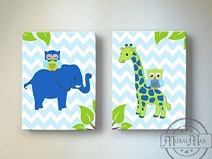 Blue Green Elephant & Giraffe Toddler Room Decor - Set of 2 - Canvas Decor - MuralMax Interiors