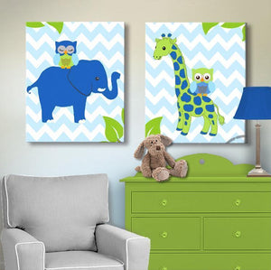 Blue Green Elephant & Giraffe Toddler Room Decor - Set of 2 - Canvas Decor - MuralMax Interiors