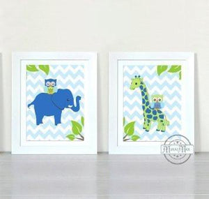 Blue Green Elephants Giraffes Nursery decor - Chevron Unframed Prints - Set of 2 - MuralMax Interiors