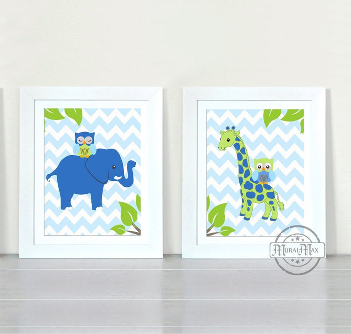 Blue Green Elephants Giraffes Nursery decor - Chevron Unframed Prints - Set of 2
