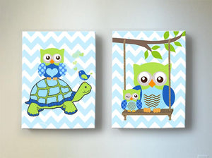 Blue Green Nursery Decor Turtle & Owl Canvas Nursery Art - Set of 2 - MuralMax Interiors