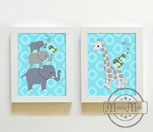 Boy Nursery Art Elephant & Giraffe Art Prints - Unframed Prints - Set of 2-Aqua Gray Decor - MuralMax Interiors