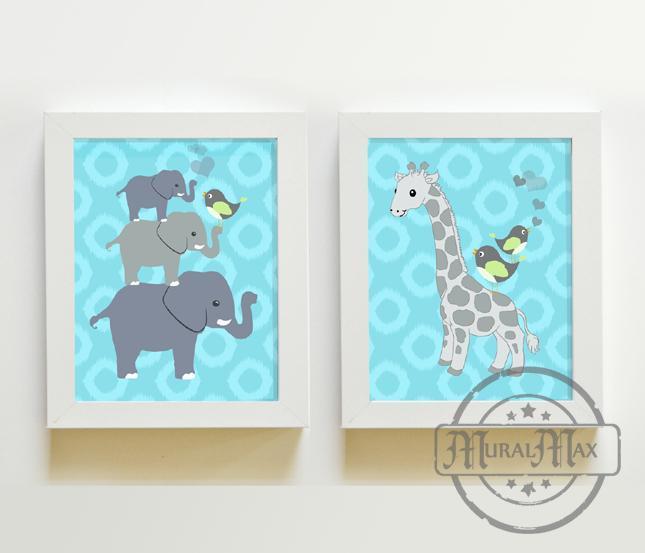 Boy Nursery Art Elephant & Giraffe Art Prints - Unframed Prints - Set of 2-Aqua Gray Decor