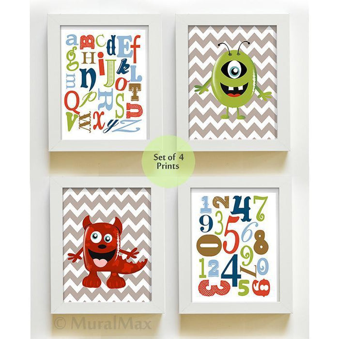 Boy Room Decor Monsters Alphabet Wall Art - Set of 4 - Unframed Prints