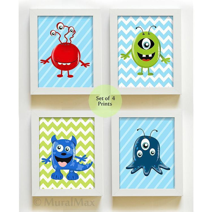 Boy Room Decor Monsters Prints - Set of 4 Nursery Art - Unframed Prints