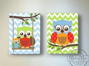 Boy Room Decor - Owls Swinging From A Branch - Set of 2 Canvas Nursery Art - MuralMax Interiors
