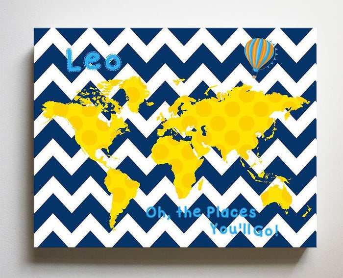 Boy Room Decor Personalized Dr Seuss Nursery Wall Art - Chevron Canvas World Map Collection - Oh The Places You'll Go-B071W2RK6Y