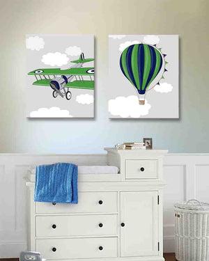 Boy Room Decor Vintage Airplane &amp; Hot Air Balloon Canvas Art - Aviation Kids Room Decor - Set of 2Baby ProductMuralMax Interiors