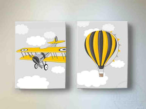 Boy Room Decor Vintage Airplane &amp; Hot Air Balloon Canvas Art - Aviation Kids Room Decor - Set of 2Baby ProductMuralMax Interiors