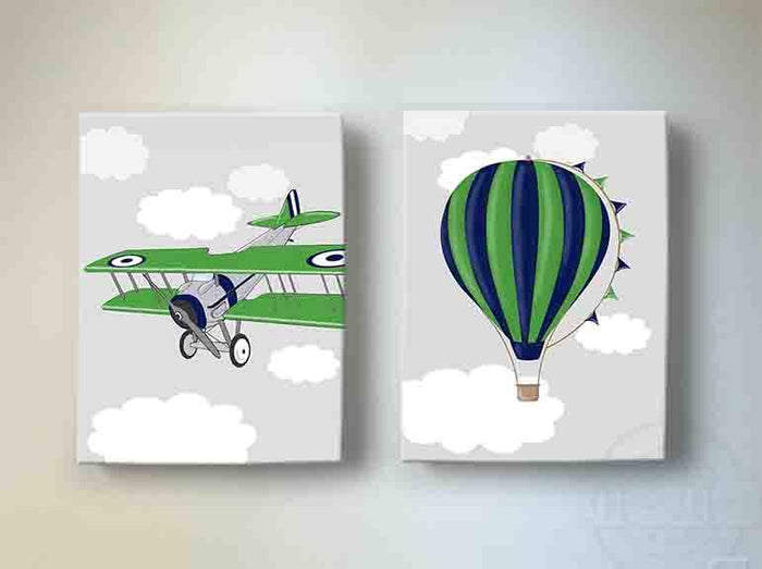 Boy Room Decor Vintage Airplane & Hot Air Balloon Canvas Art - Aviation Kids Room Decor - Set of 2