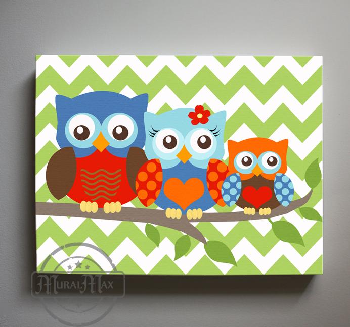 Boy Room Owl Nursery Decor - Family Of 3 Canvas Art - Chevron Nursery Wall Decor