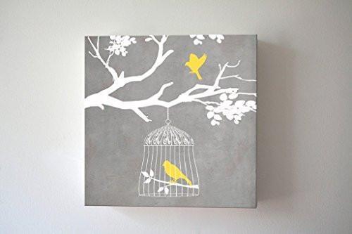 Branch of Life Vintage Bird Cage Theme - Stretched Canvas Wall Art - Memorable Anniversary Gifts - Unique Wall Decor - Color - Gray - 30-DAY-B018KOCSNY
