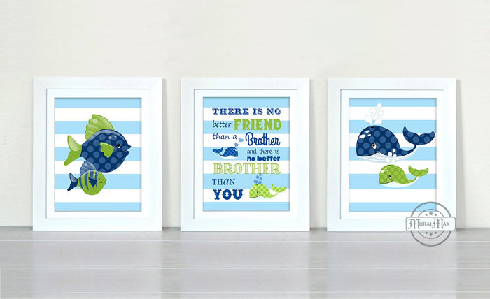 Brothers Room Decor - Fish Whale Sea Life Wall Art - Set of 3 - Unframed Prints