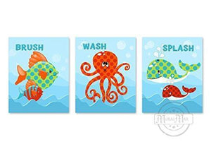 Brush Wash & Splash Bathroom Art Ocean Theme - Unframed Prints - Set of 3 Fish Octopus Whale Decor - MuralMax Interiors