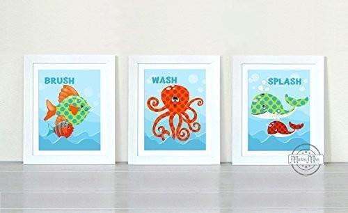 Brush Wash & Splash Bathroom Art Ocean Theme - Unframed Prints - Set of 3 Fish Octopus Whale Decor