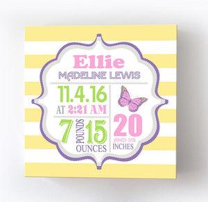 Butterfly Birth Stats Baby Girl Nursery Decor - Modern Birth Announcements Canvas ArtBaby ProductMuralMax Interiors
