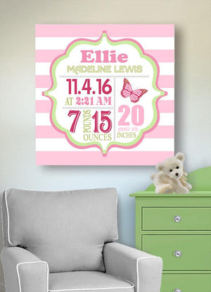 Butterfly Birth Stats Baby Girl Nursery Decor - Modern Birth Announcements Canvas ArtBaby ProductMuralMax Interiors