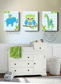Canvas Baby Boy Nursery Art Owl Giraffe & Elephants Nursery Decor - Set of 3 - MuralMax Interiors