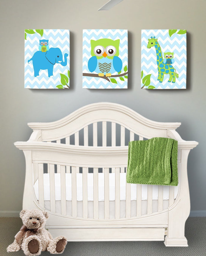 Canvas Baby Boy Nursery Art Owl Giraffe & Elephants Nursery Decor - Set of 3