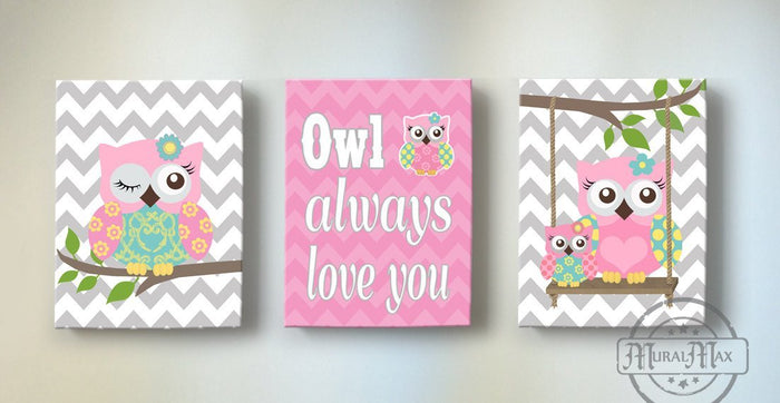 Chevron Baby Girl Canvas Inspirational Quote Wall Art - Owl Always Love You - Set of 3