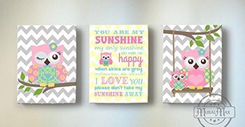 Chevron Canvas Your Are My Sunshine Rhyme - Whimsical Olw Family Collection - Set of 3-B018GSZL2E